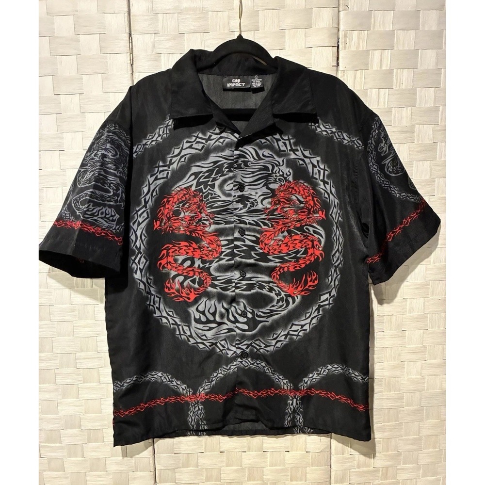 City Impact Dragon Button Up Shirt Men's L Y2K Tribal Tattoo Black Red